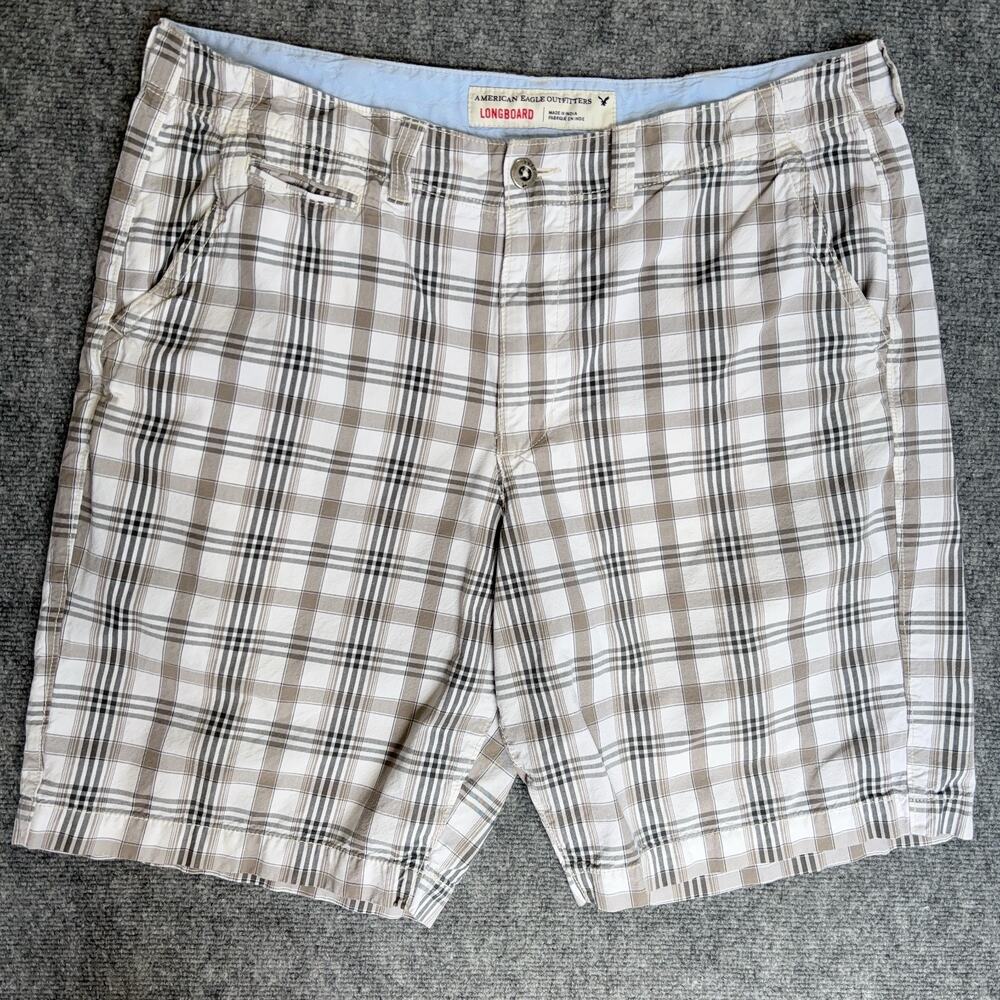 American Eagle Longboard Mens 38 Gray White Plaid Cargo Shorts Cotton Flat Front
